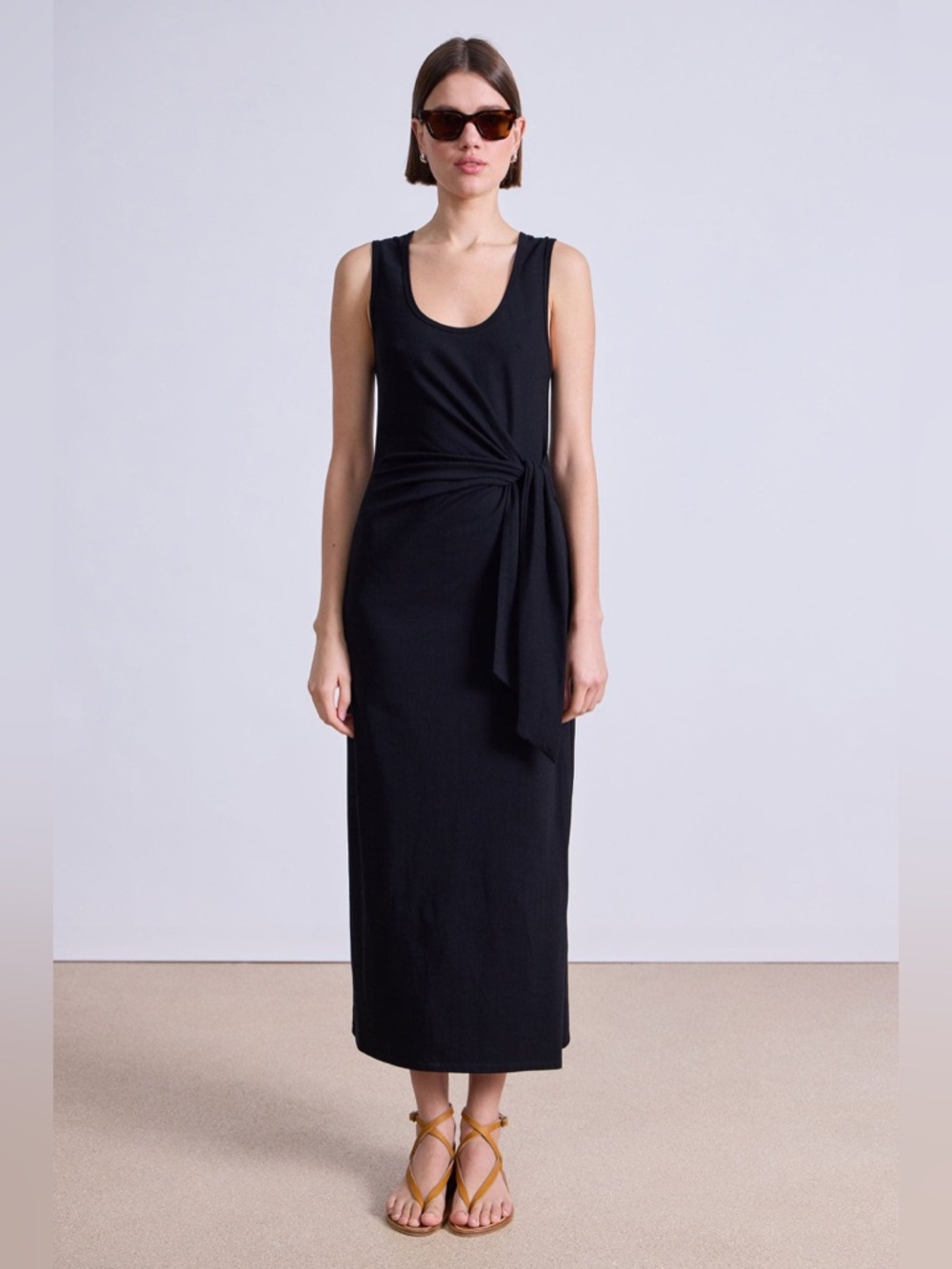 VINCE Classic Black Sleeveless Maxi Dress with Waist Tie